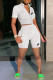White Casual Print Patchwork Pocket Zipper Zipper Collar Short Sleeve Two Pieces