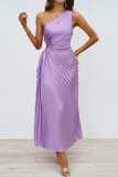 Rose Red Elegant Solid Hollowed Out Pleated Oblique Collar Sleeveless Dresses