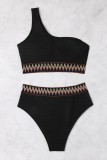 Black Sexy Patchwork Backless One Shoulder Plus Size Swimwear (With Paddings)