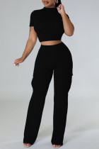 Black Casual Solid Basic O Neck Short Sleeve Two Pieces