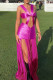 Rose Red Sexy Solid Tassel Hollowed Out Patchwork Backless Fold V Neck Wrapped Skirt Dresses