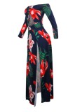 Navy Blue Sexy Print Hollowed Out Feathers Backless Off the Shoulder Long Dresses