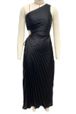 Rose Red Elegant Solid Hollowed Out Pleated Oblique Collar Sleeveless Dresses