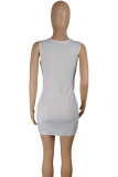 White Street Print Patchwork U Neck Wrapped Skirt Dresses