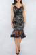 Black Solid Lace Patchwork Backless Mesh Zipper Spaghetti Strap Sling Dresses