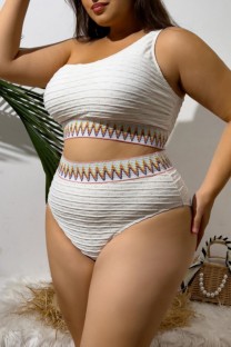 White Sexy Patchwork Backless One Shoulder Plus Size Swimwear (With Paddings)