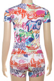 Colour Sexy Casual Print Patchwork O Neck Short Sleeve Two Pieces