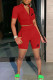 Red Casual Print Patchwork Pocket Zipper Zipper Collar Short Sleeve Two Pieces