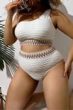 White Sexy Patchwork Backless One Shoulder Plus Size Swimwear (With Paddings)