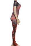 Red Street Print Patchwork O Neck Skinny Jumpsuits