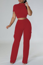 Red Casual Solid Basic O Neck Short Sleeve Two Pieces