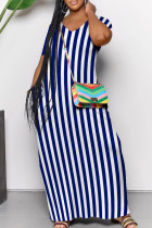 Dark Blue Casual Striped Patchwork Pocket V Neck Long Dresses