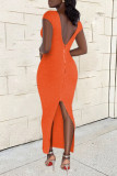 Orange Casual Solid Backless Slit V Neck Long Dresses