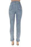Light Blue Casual Street Solid Ripped Pocket Asymmetrical High Waist Skinny Denim Jeans