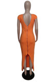 Orange Casual Solid Backless Slit V Neck Long Dresses