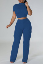 Blue Casual Solid Basic O Neck Short Sleeve Two Pieces