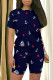 Navy Blue Casual Print Patchwork O Neck Short Sleeve Two Pieces