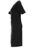 Black Sexy Solid Patchwork Buttons Slit Zipper Asymmetrical Collar Wrapped Skirt Plus Size Dresses