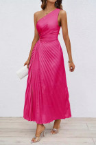 Rose Red Elegant Solid Hollowed Out Pleated Oblique Collar Sleeveless Dresses
