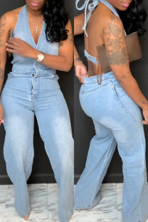Light Blue Sexy Solid Bandage Patchwork Backless Halter Sleeveless Skinny Denim Jumpsuits