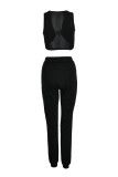 Black Sexy Casual Solid Metal Accessories Decoration Vests Pants Sleeveless Two Pieces
