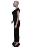Black Casual Solid Backless Slit V Neck Long Dresses