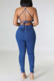 Royal Blue Sexy Solid Backless Cross Straps Spaghetti Strap Sleeveless Skinny Denim Jumpsuits