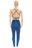 Royal Blue Sexy Solid Backless Cross Straps Spaghetti Strap Sleeveless Skinny Denim Jumpsuits