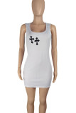 White Street Print Patchwork U Neck Wrapped Skirt Dresses