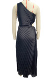 Rose Red Elegant Solid Hollowed Out Pleated Oblique Collar Sleeveless Dresses