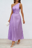 Rose Red Elegant Solid Hollowed Out Pleated Oblique Collar Sleeveless Dresses