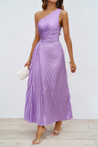 Light Purple Elegant Solid Hollowed Out Pleated Oblique Collar Sleeveless Dresses