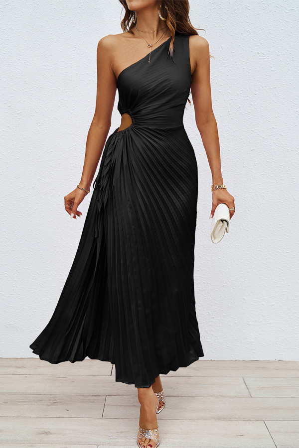 Black Elegant Solid Hollowed Out Pleated Oblique Collar Sleeveless Dresses