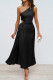 Black Elegant Solid Hollowed Out Pleated Oblique Collar Sleeveless Dresses