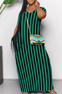 Black Green Casual Striped Patchwork Pocket V Neck Long Dresses