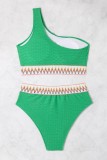 Green Sexy Patchwork Backless One Shoulder Plus Size Swimwear (With Paddings)