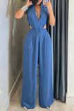Deep Blue Casual Solid Hollowed Out Patchwork Turndown Collar Straight Jumpsuits