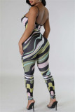 Black Green Sexy Casual Print Backless Spaghetti Strap Skinny Jumpsuits
