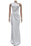 White Elegant Solid Patchwork Fold Oblique Collar Long Dresses