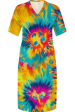 Green Casual Tie Dye Patchwork Pocket V Neck Straight Plus Size Dresses