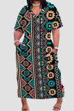 Black And White Casual Print Patchwork Pocket V Neck Straight Plus Size Dresses