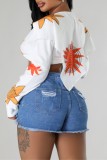 White Casual Print Basic Shirt Collar Tops