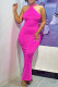Rose Red Sexy Solid Patchwork Backless Slit Halter Long Dresses