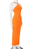 Orange Sexy Solid Patchwork Backless Slit Halter Long Dresses
