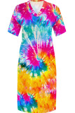 Green Casual Tie Dye Patchwork Pocket V Neck Straight Plus Size Dresses
