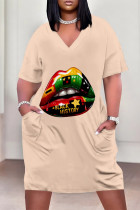 Light Pink Casual Letter Eyes Printed Lips Pocket V Neck Short Sleeve Plus Size Dresses