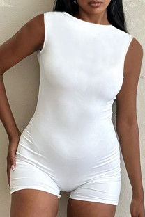 White Sexy Solid Patchwork Backless O Neck Skinny Rompers