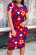 Red Elegant Print Patchwork O Neck Wrapped Skirt Dresses