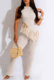 Khaki Casual Solid Tassel Patchwork Asymmetrical O Neck Sleeveless Two Pieces