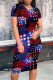 Blue Red Casual Print Patchwork O Neck Wrapped Skirt Dresses